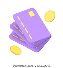 Pila de tarjeta de débito de crédito con moneda de oro moneda financiera intercambio bancario 3d icono ilustración vectorial realista. Transacción de transferencia de pago de compra de ganancias de inversión de economía de moneda digital