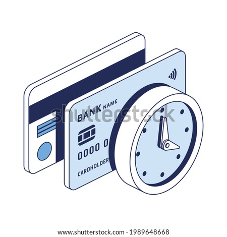 Credit debit card time clock. Vector 3d line isometric, color web icons, new flat style. Creative design idea for infographics.