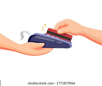 Credit Or Debit Card Transaction To Payment In Drive Thru Or Market Shop In Cartoon Illustration Vector On White Background