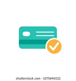 Credit Debit Card with validation tick. Bank account sign. Vector flat icon isolated on white. Turquoise color. Cartoon pictogram.