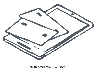 Credit or debit cards of bank lying electronic device. Plastic money and tablet isolated on white. Outline commerce picture. Sketch drawing of gadget and card. Vector illustration in minimalism