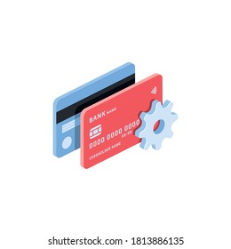 Credit debit cards cog gear. Vector 3d isometric, color web icons set, new flat style. Creative illustration, idea for infographics.