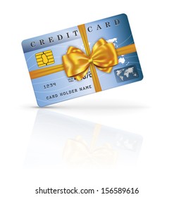 Credit or debit gift card design with yellow ribbon and bow. Vector illustration