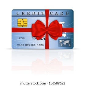 Credit or debit gift card design with red ribbon and bow. Vector illustration
