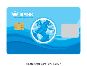 Credit or debit plastic card isolated on white background - vector illustration with abstract geometric globe and wavy lines in blue colors.  Design concept. 