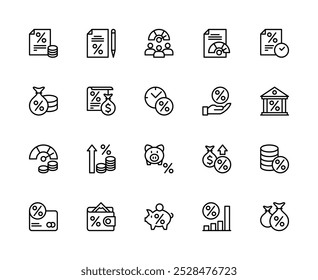 Conjunto de iconos lineales de Vector de crédito y servicios financieros. Contiene iconos como símbolo de porcentaje, dinero, crédito, hucha y más. Iconos relacionados con el crédito aislados colección sobre fondo blanco.