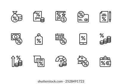 Conjunto de ícones lineares do vetor de serviços financeiros e de crédito. Coleção isolada de ícones, como crédito, hipoteca, moedas, carteira, taxa de juros, classificação e muito mais. Coleção isolada de ícones de crédito relacionado.