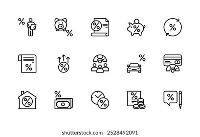 Conjunto de iconos lineales de Vector de crédito y servicios financieros. Colección de íconos aislados como porcentaje, Aprobación, ahorros, presupuesto, hucha, equipo y más. Icono aislado de colección de crédito relacionado.