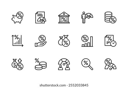 Conjunto de ícones lineares do vetor de serviços financeiros e de crédito. Coleção isolada de ícones, como mealheiro, banco, serviços financeiros, dinheiro, gráfico e muito mais. Coleção isolada de ícones de crédito relacionado.