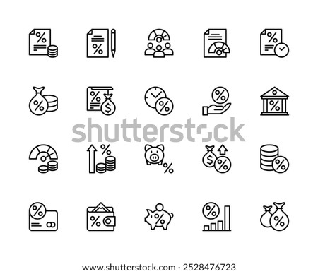Credit and financial services vector linear icons set. Contains such icons as percent symbol, money, credit, piggy bank and more. Isolated credit  related icons collection on white background.