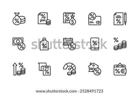 Credit and financial services vector linear icons set. Isolated icon collection such as credit, mortgage, coins, wallet, interest rate, rating and more. Isolated icon collection of credit related.