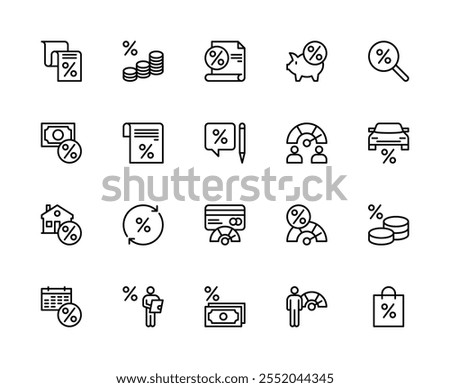 Credit and financial services vector linear icons set. Contains such icons as coin, payment method, approval, rating, check and more. Isolated credit  related icons collection on white background.
