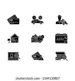 Credit Glyph Icons Set. Annual Percentage Rate Report. Plastic Credit Card. Insurance Program. Home, Car Loan. Creditworthiness. Borrow Cash, Money. Silhouette Symbols. Vector Isolated Illustration