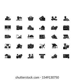 Credit glyph icons set. Student loan. Borrowing from Retirement. Personal creditworthiness. Home equity loan. Retail, consumerism. APR calculator. Silhouette symbols. Vector isolated illustration