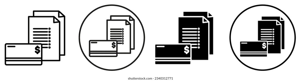 Credit History symbol Icon. Payment statement of credit or debit card vector sign set collection. Flat Web illustration of tax on money or dollar. Detail paper note of the online shopping transaction.