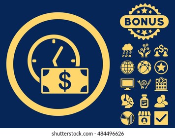 Credit icon with bonus design elements. Vector illustration style is flat iconic symbols, yellow color, blue background.