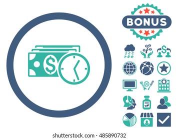 Credit icon with bonus design elements. Vector illustration style is flat iconic bicolor symbols, cobalt and cyan colors, white background.