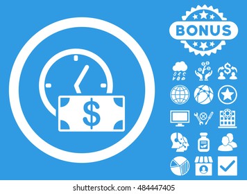 Credit icon with bonus pictogram. Vector illustration style is flat iconic symbols, white color, blue background.