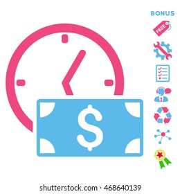 Credit icon with bonus pictograms. Vector illustration style is flat iconic bicolor symbols, pink and blue colors, white background, rounded angles.