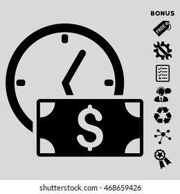 Credit icon with bonus pictograms. Vector illustration style is flat iconic symbols, black color, light gray background, rounded angles.