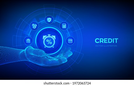 Credit icon in robotic hand. Credit or mortgage loans rating business concept on virtual screen. Digital financial and banking services. Vector illustration.
