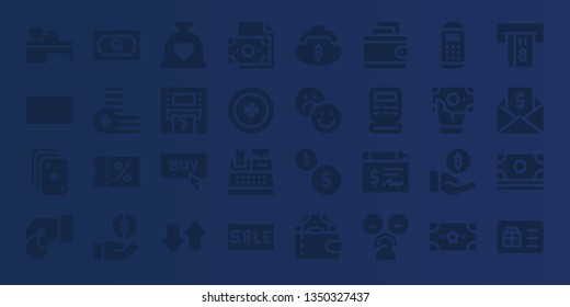 credit icon set. 32 filled credit icons. on blue background style Simple modern icons about  - Cash machine, Sale, Cards, Coin, Money, Coins, Budget, Atm, Buy, Transfer, Cash register