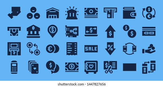 credit icon set. 32 filled credit icons. on blue background style Collection Of - Payment method, Atm, Payment terminal, Rate, Bank, Currency, Cards, Supermarket, Euro, Money