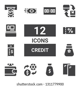 credit icon set. Collection of 12 filled credit icons included Cards, Money, Exchange, Wallet, Bill, Voucher, Cash machine, Atm, Score