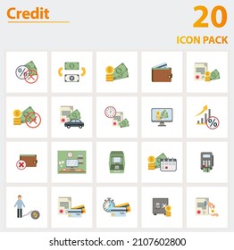 Credit icon set. Collection of simple elements such as the no fee, exchange rate, cash, long term debt, online banking, no money, purse.