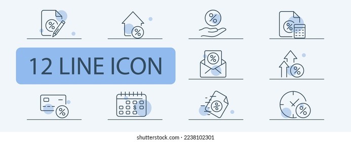 Credit icon set. Credit, deposit, interest, installment, discounts, credit limit, signing an agreement. Finance concept. Pastel color background. Vector 12 line icon for business