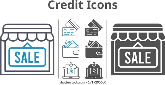 credit icon set included online shop, shop, wallet, credit card icons