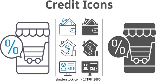 credit icon set included online shop, wallet, mortgage icons