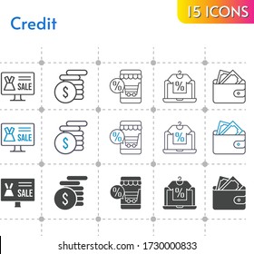 credit icon set. included online shop, wallet, money icons on white background. linear, bicolor, filled styles.