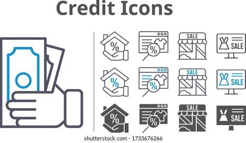 credit icon set included online shop, mortgage, shop, money icons