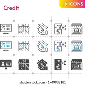 credit icon set. included online shop, shop, mortgage, voucher icons on white background. linear, bicolor, filled styles.
