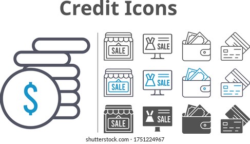 credit icon set included online shop, shop, wallet, money, credit card icons