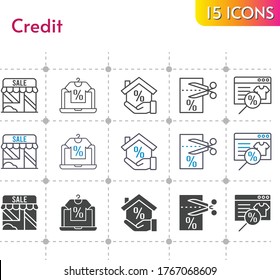 credit icon set. included online shop, shop, mortgage, voucher icons on white background. linear, bicolor, filled styles.