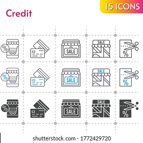 credit icon set. included online shop, shop, voucher, credit card icons on white background. linear, bicolor, filled styles.