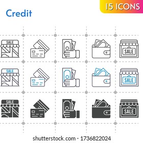credit icon set. included shop, wallet, money, credit card icons on white background. linear, bicolor, filled styles.