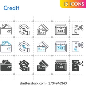 credit icon set. included wallet, mortgage, shop, voucher, credit card icons on white background. linear, bicolor, filled styles.