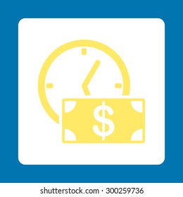 Credit icon. This flat rounded square button uses yellow and white colors and isolated on a blue background.