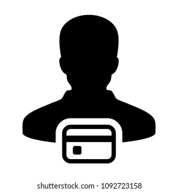 Credit icon vector male user person profile avatar symbol with credit card for banking and finance concept 
in flat color glyph pictogram illustration