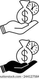Iconos de crédito. Iconos vectoriales en blanco y negro de la bolsa de dinero en mano y reloj. Pago del préstamo, dinero rápido, préstamo instantáneo. Concepto contable