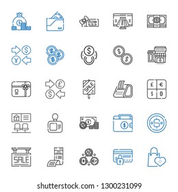 credit icons set. Collection of credit with supermarkets, credit card, exchange, bill, sale, coin, wallet, money, card, bank, currency, receipt. Editable and scalable icons.