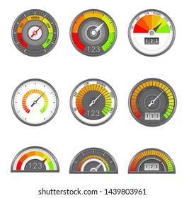 Credit indicator. Speedometer score gauge level scale, indicator rate dial, measure rating manometer graph minimum high, vector flat indicate progression measurements illustration