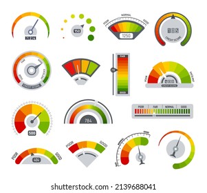 Credit indicators. Time and speed scores, speedometer indicator. Colorful scales, financial and credits measuring. Car gauge and power scale exact vector set