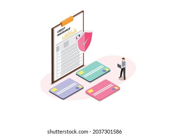 Credit insurance application form with credit cards and businessman. isometric vetor concept