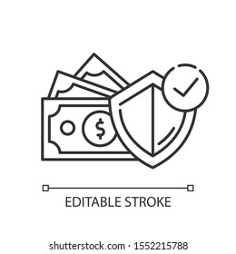 Credit insurance linear icon. Money investment in selfcare. Paying for loan. Life, health insurance. Thin line illustration. Contour symbol. Vector isolated outline drawing. Editable stroke