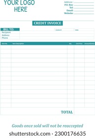 Credit Invoice Vector Template book keeping records - customizable