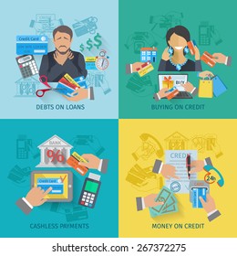 Credit life design concept set with debts on loans cashless payments flat icons isolated vector illustration